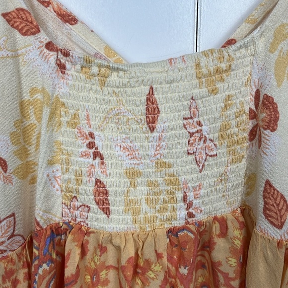Free People Womens Top XS/S Orange/Yellow Puff Sleeves Cinch Front Keyhole Boho - Picture 7 of 10
